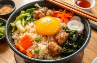 Корейский пибимпап: рис с овощами и мясом